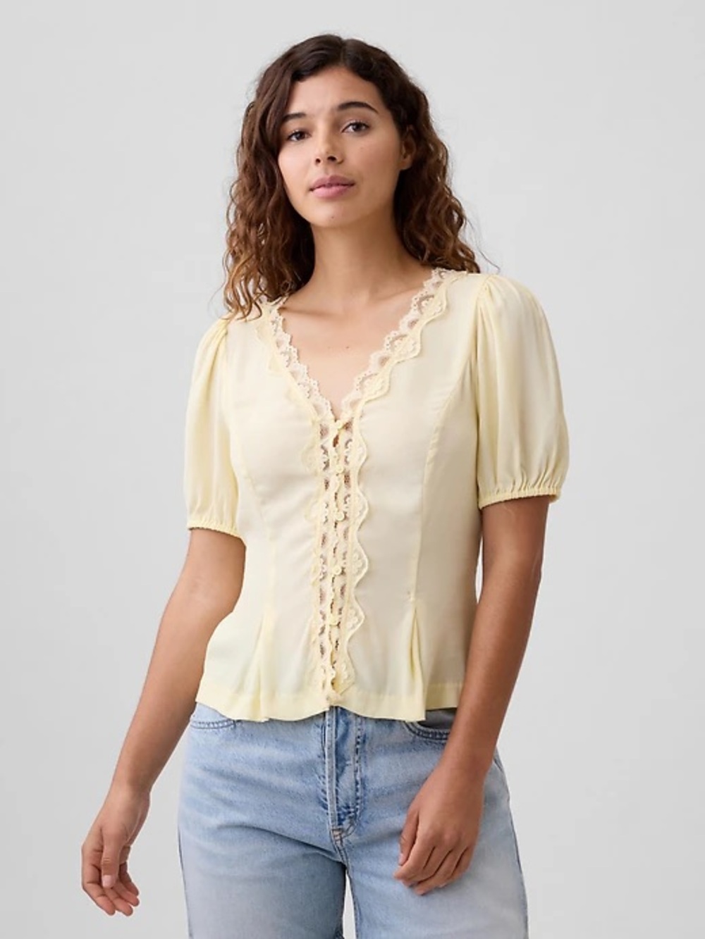 Gap Crepe V-Neck Lace Puff Sleeve Blouse Top Butter Yellow NEW
